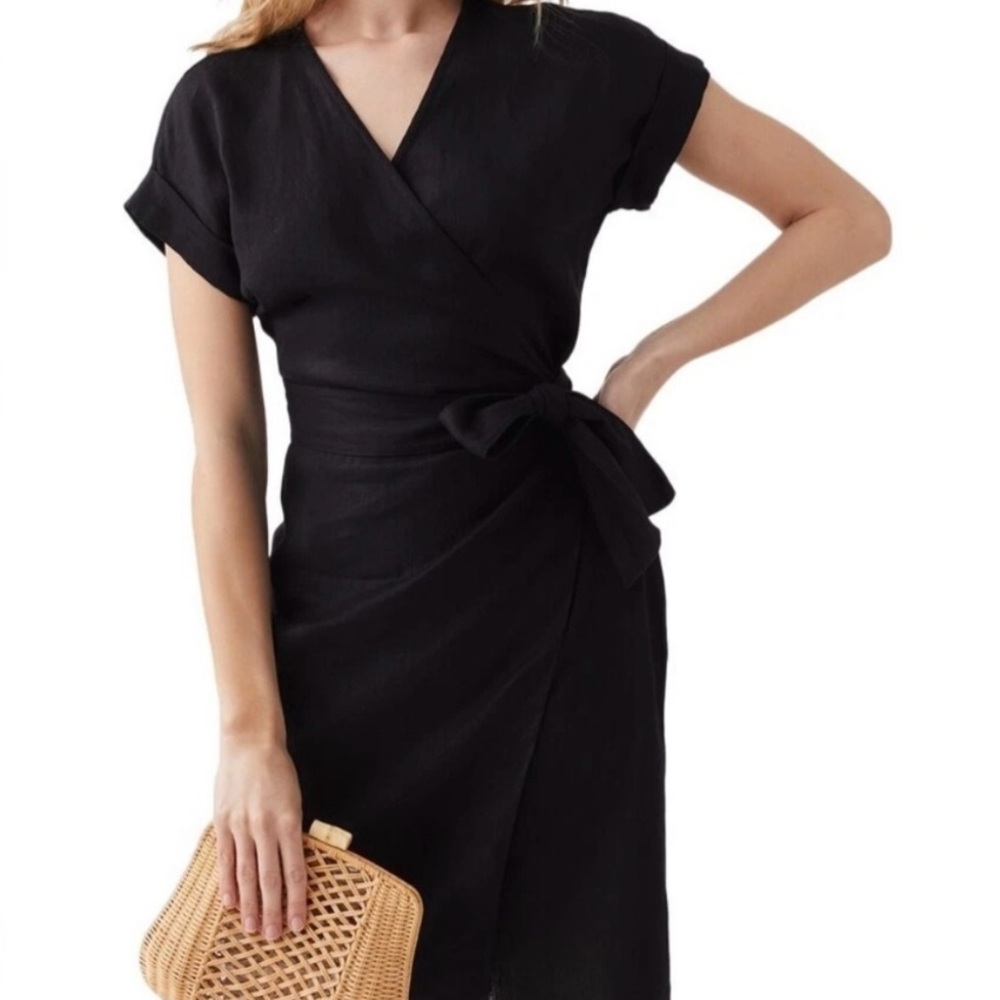 J. McLaughlin Linen Black Wrap Midi Dress with Side Tie | Size M